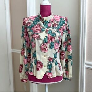 Vintage 90s, Made In Japan Women Floral Top, Shibori, Gold Detail Button, Size 4